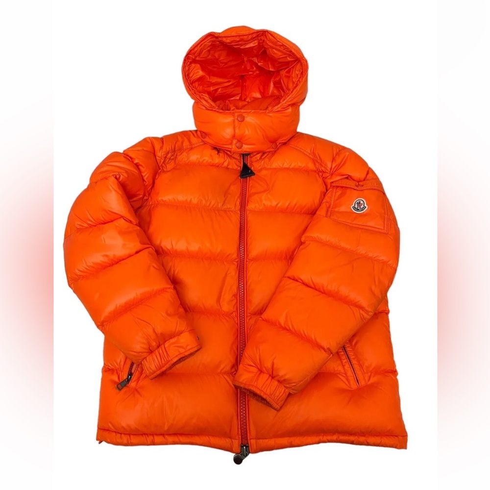 100% Authentic Mens Moncler Maya Down Jacket Coat Orange Shiny RARE Coat Size 4